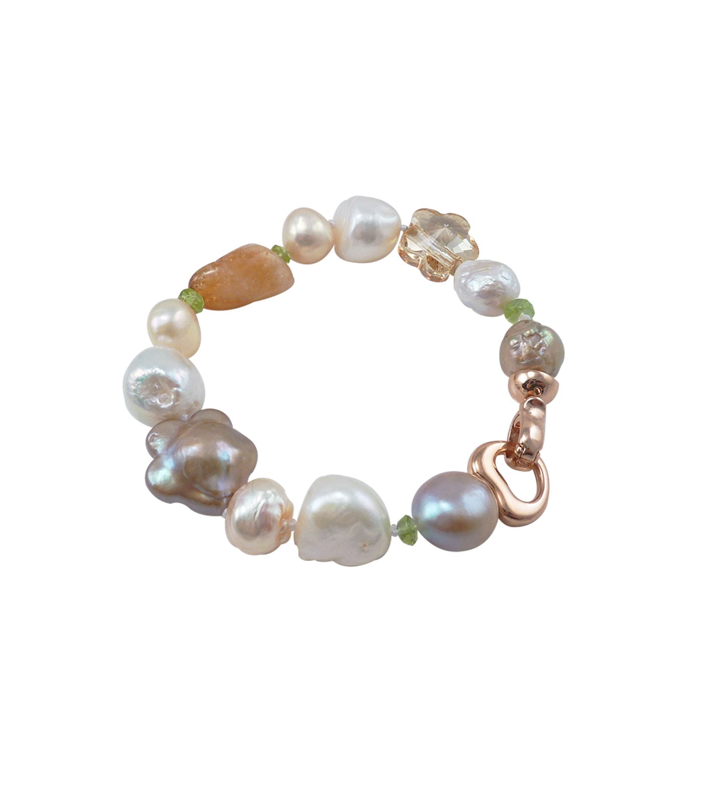Modern pearl bracelet, citrine, peridot as accessories. Contemporary pearl jewelry for stylish women