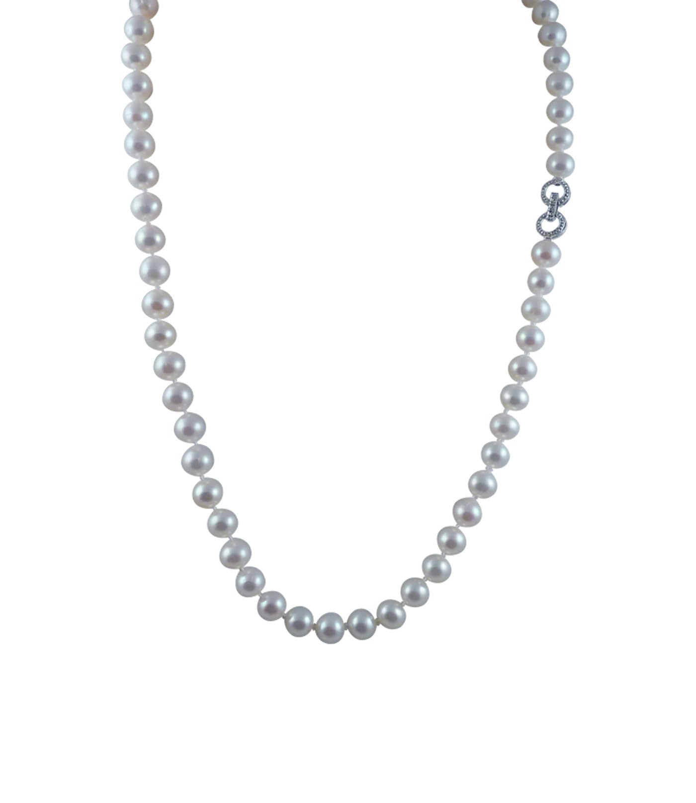 Classic white pearl necklace features lustrous freshwater white pearls.  Modern pearl jewelry is a perfect jewelry gift for any occasion including graduation and wedding.  By Jewelry Olga Montreal Canada