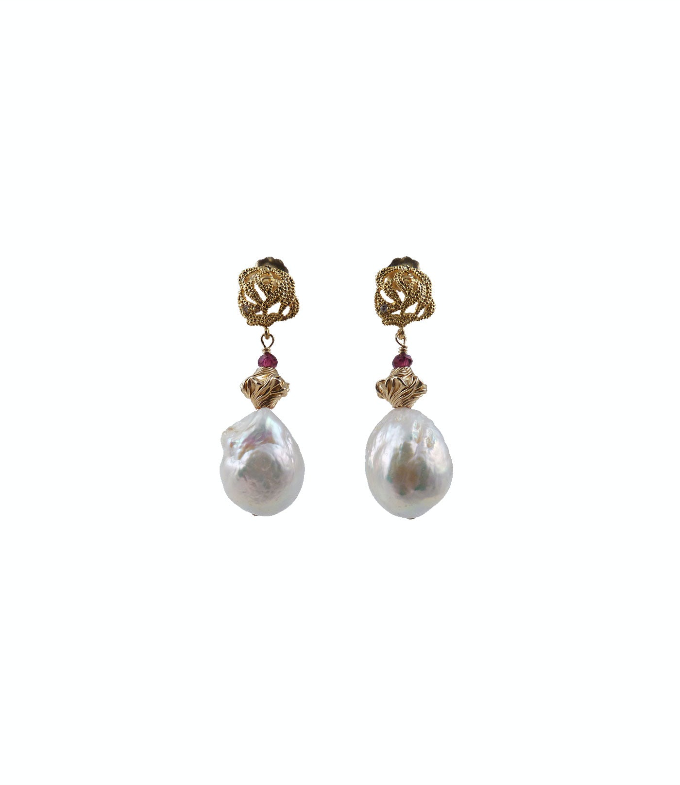 One-of-s-kind pearl earrings.  Contemporary pearl jewelry features rare freshwater baroque pearls paired with natural garnet.  Elegant pearl jewelry is a perfect jewelry gift for different occasions, including anniversaries and birthdays.