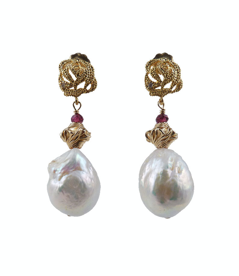 Baroque pearl jewelry for fashion-forward contemporary women.  Custom baroque pearl earrings feature gorgeous large freshwater baroque pearls paired with wine-red garnet.  Stunning unique white pearl jewelry