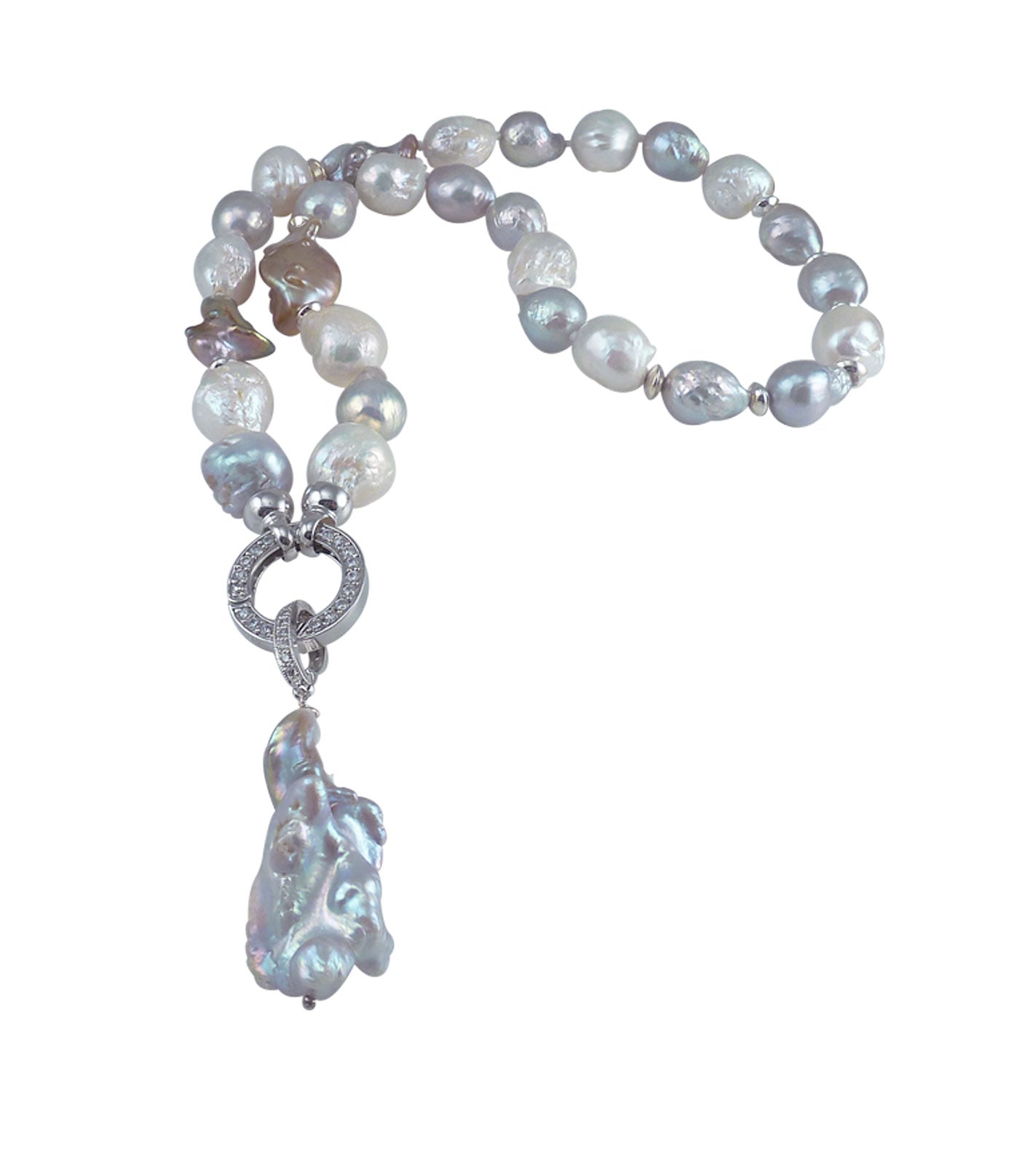 Statement pearl necklace. This stunning one-of-a-kind pearl necklace features baroque pearls of various colors.  A large detachable baroque pearl pendant finishes the look.  Luxurious real pearl jewelry by Jewelry Olga Montreal Canada