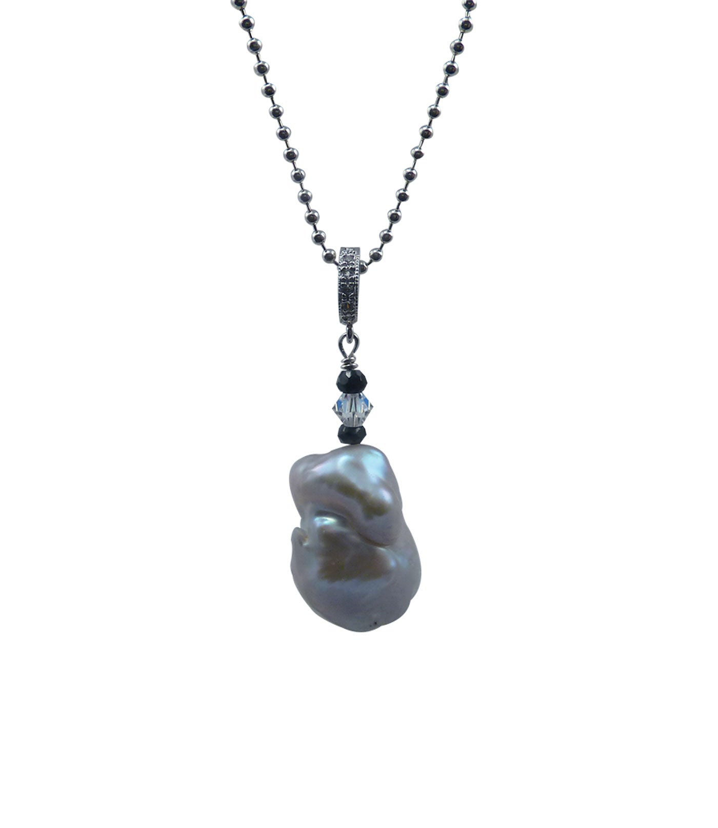 Modern pearl jewelry features a large real pearl pendant necklace.  Detachable pearl pendant features a large silvery-grey baroque pearl.  Perfect jewelry gift for any occasion, including milestone celebrating.  By Jewelry Olga Montreal Canada