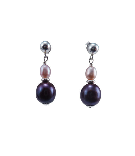 Black and pink pearl earrings designed and created in Montreal Canada