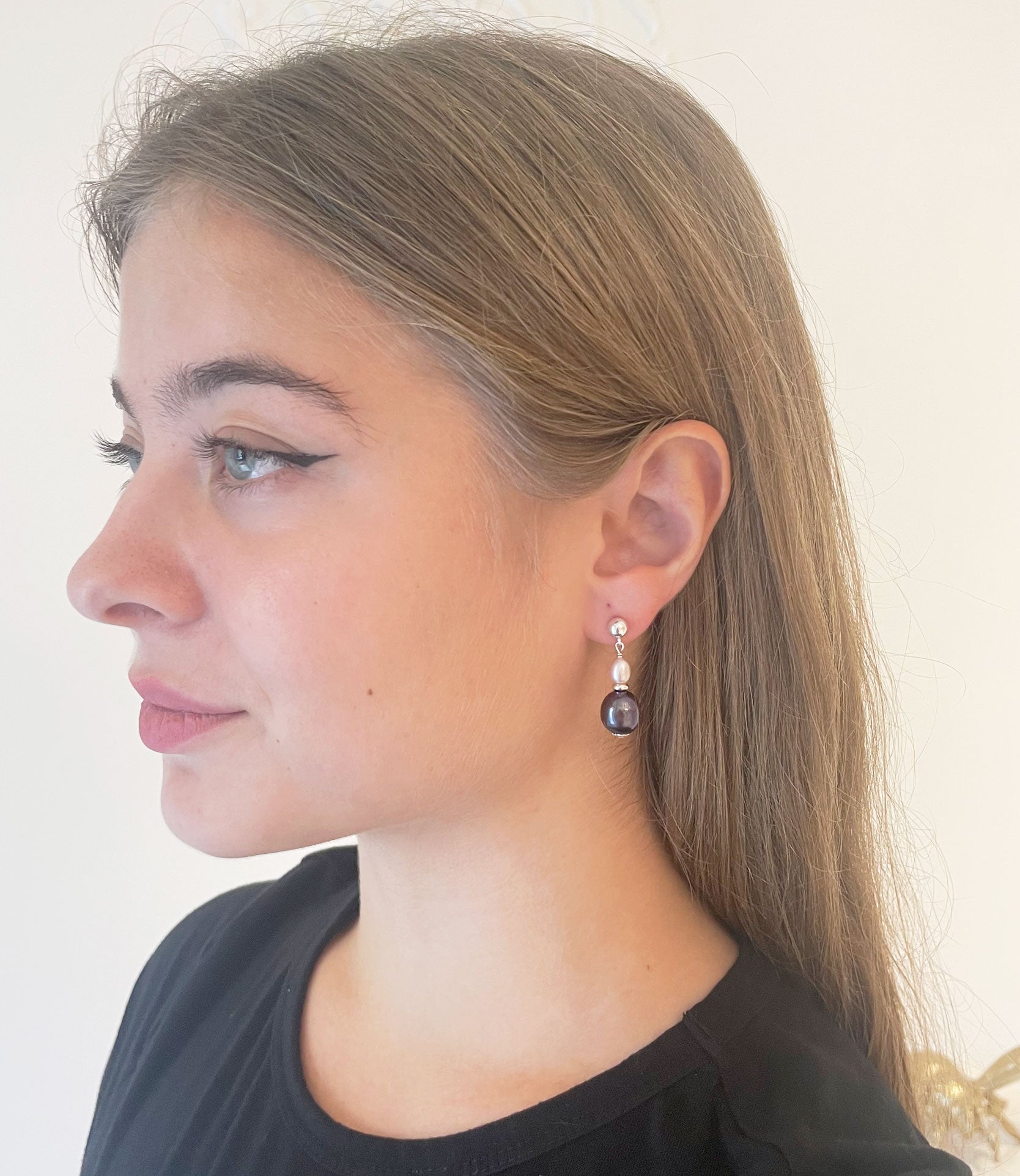 Black and pink pearl earrings for a stylish girl designed and created by Jewelry Olga Montreal Canada