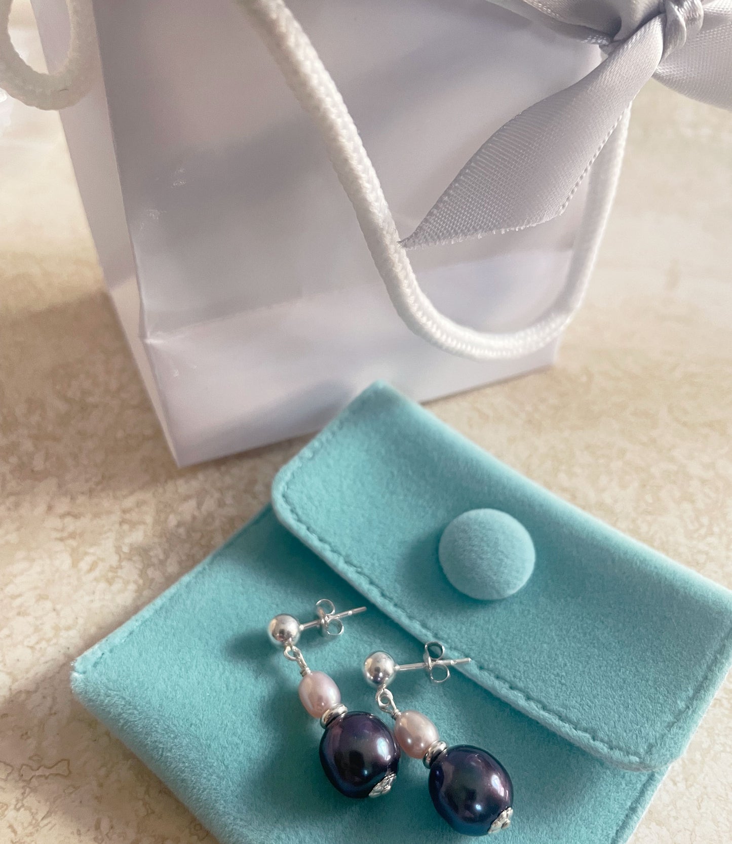 Pair of black and pink earrings ready to be shipped.  Designed and created by Jewelry Olga Montreal Canada