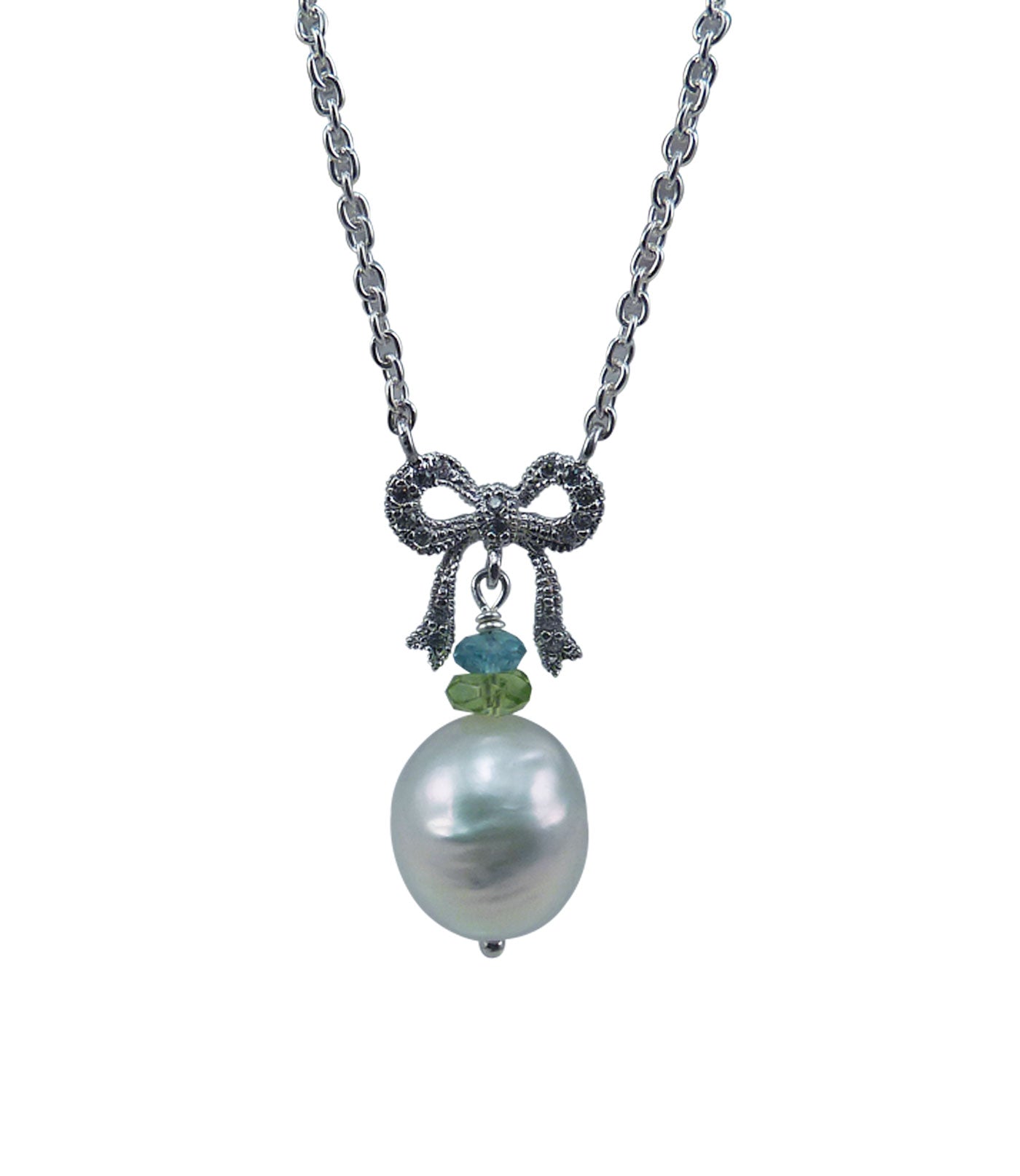 Bow pearl pendant necklace with peridot and apatite.  Slylish custom pearl jewelry.  This unique pearl jewelry may be worn on any occasion