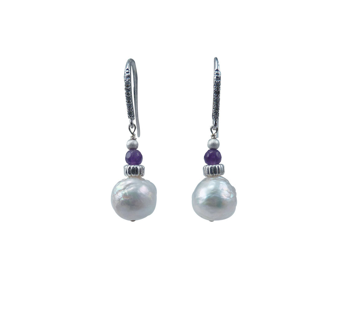 Chinese Kasumi pearl earrings with amethyst.  Modern pearl jewelry for fashion-forward women  White pearl jewelry is a must