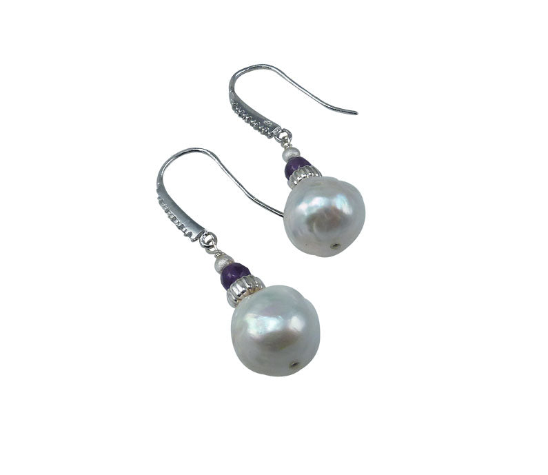 Chinese Kasumi pearl earrings with amethyst to add color.  Contemporary custom pearl jewelry.