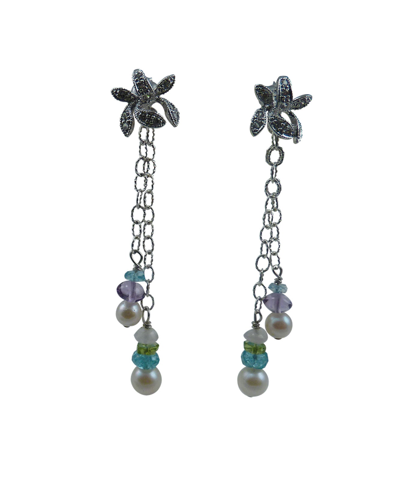 Modern pearl jewelry featuring white Akoya pearls paired with colored gems - peridot, amethyst, pink quartz, apatite hung on a Sterling silver chain