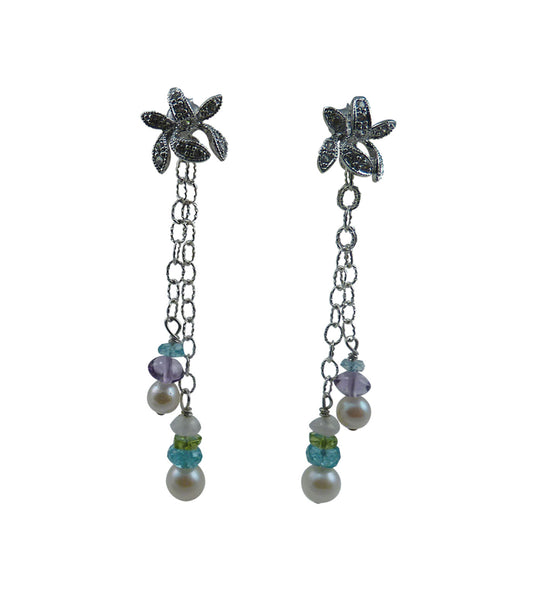 Modern pearl jewelry featuring white Akoya pearls paired with colored gems - peridot, amethyst, pink quartz, apatite hung on a Sterling silver chain