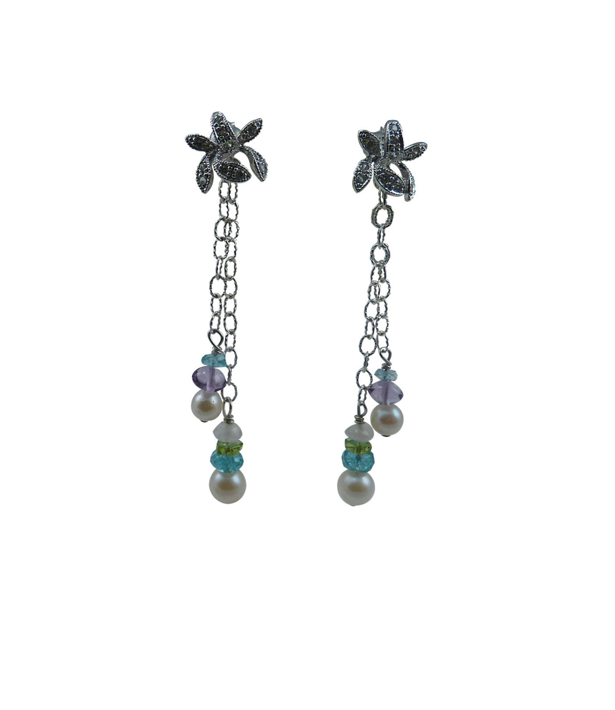 Modern pearl jewelry featuring white Akoya pearls paired with colored gems - peridot, amethyst, pink quartz, apatite hung on a Sterling silver chain.  Custom dangling pearl earrings is great fashion accessory