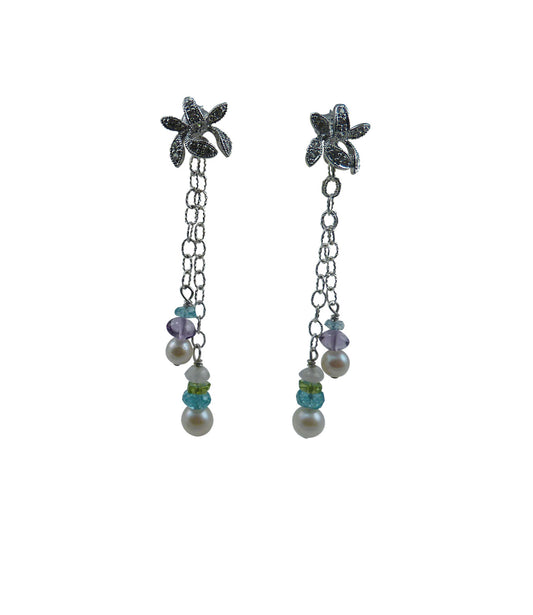 Modern pearl jewelry featuring white Akoya pearls paired with colored gems - peridot, amethyst, pink quartz, apatite hung on a Sterling silver chain.  Custom dangling pearl earrings is great fashion accessory