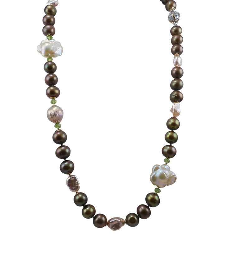 Contemporary green-olive pearl necklace featuring golden pink keshi pearls and a gorgeous bronze Chinese Kasumi pearl among other real pearls
