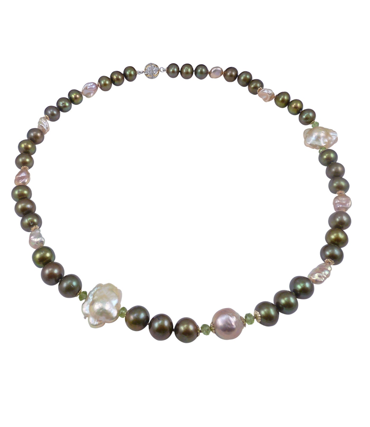 Contemporary green-olive pearl necklace featuring freshwater pearls paired with green peridot
