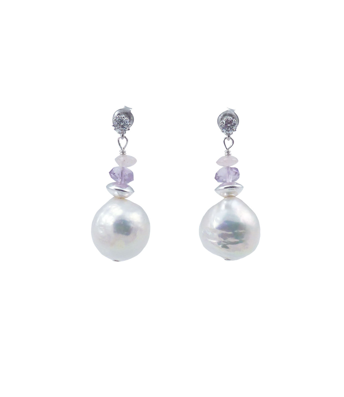Modern custom pearl jewelry.  White Chinese Kasumi pearl earrings with amethyst and pink quartz.  Custom baroque pearl jewelry.