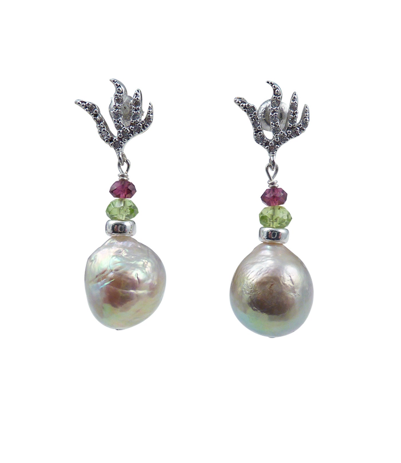 Modern pearl earrings feature highly lustrous Chinese Kasumi pearls.  We pair genuine pearls with colored gems - green peridot and wine-red garnet.