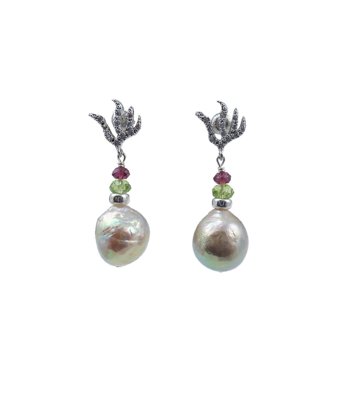 Modern pearl earrings feature luminous Chinese Kasumi pearls.  We pair genuine pearls with colored gems - green peridot and wine-red garnet. Unique custom pearl jewelry by Jewelry Olga