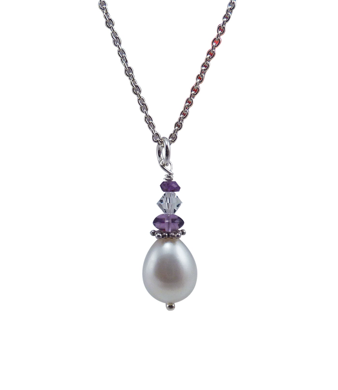 Dainty pearl and amethyst pendant necklace.  Custom pearl jewelry