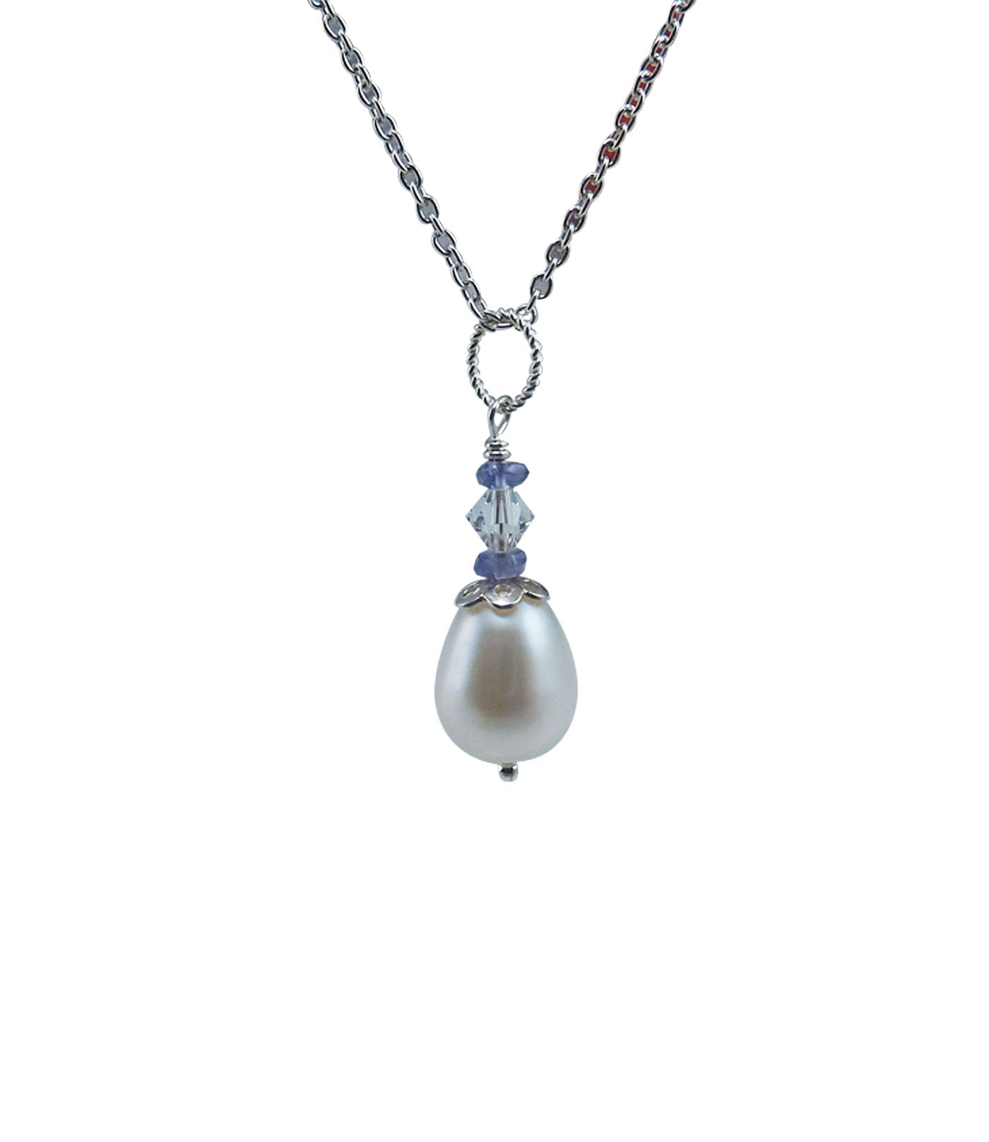 Dainty pearl and iolite pendant necklace.  Stylish contemporary pearl jewelry for fashion-forward women