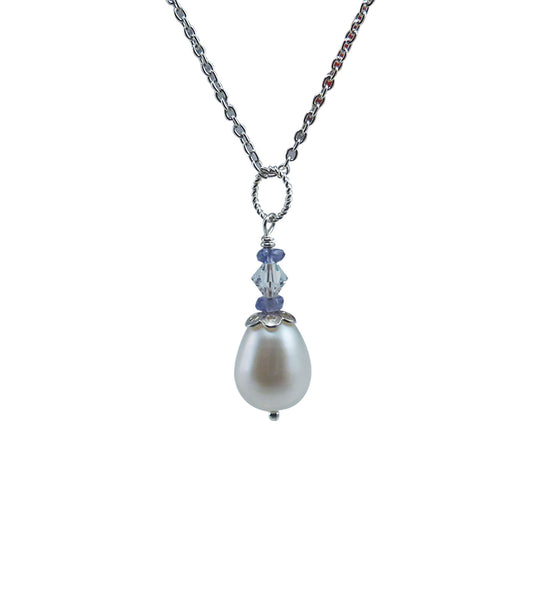 Dainty pearl and iolite pendant necklace.  Stylish contemporary pearl jewelry for fashion-forward women