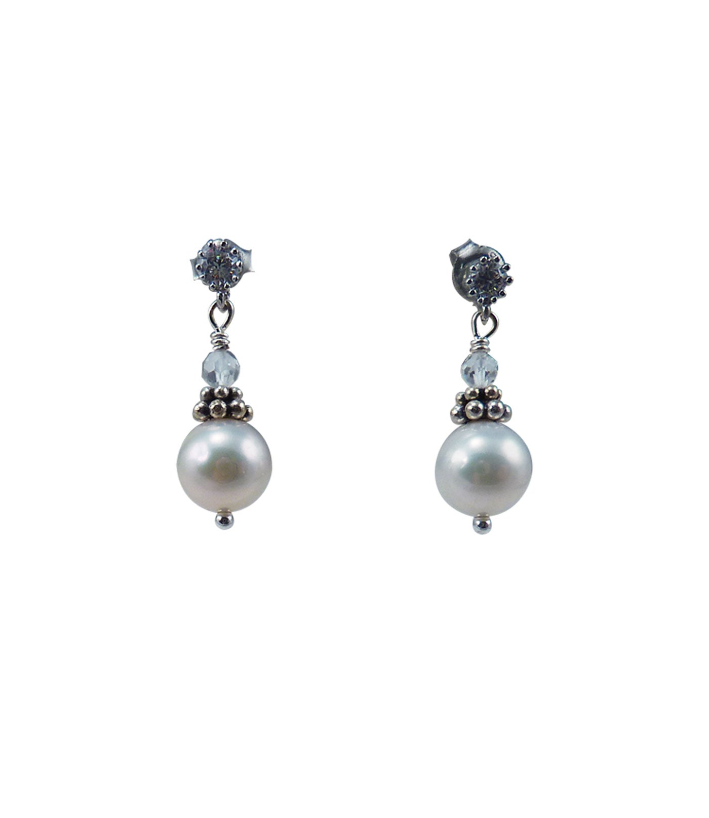 Dainty white pearl earrings for elegant women.  Contemporary white pearl jewelry for casual wear.  Custom white pearl jewelry