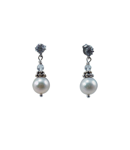 Dainty white pearl earrings for elegant women.  Contemporary white pearl jewelry for casual wear.  Custom white pearl jewelry
