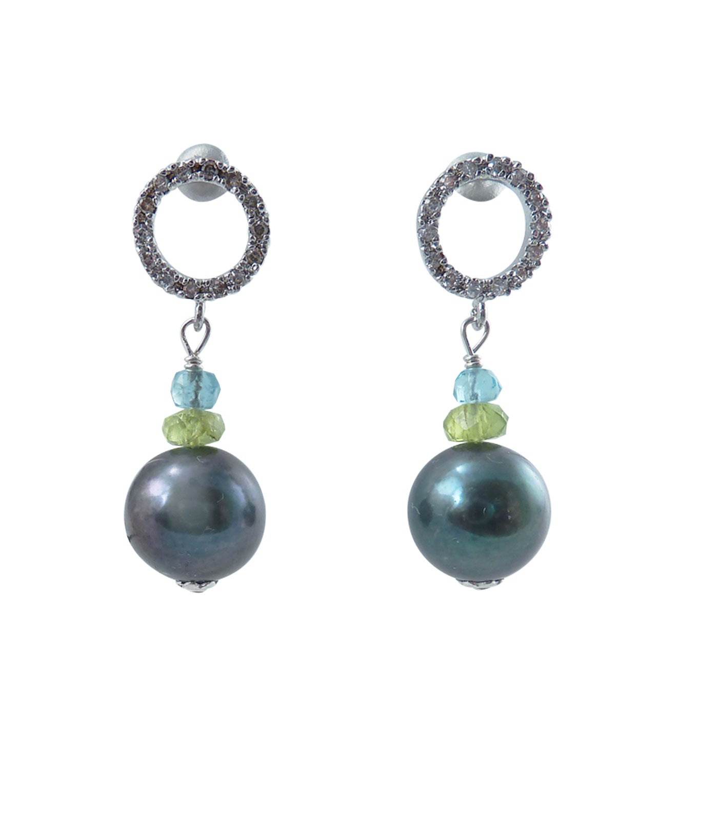 Dangling black pearl earrings with peridot and apatite.  Contemporary pearl jewelry for fashion-forward women.