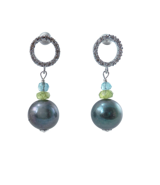 Dangling black pearl earrings with peridot and apatite.  Contemporary pearl jewelry for fashion-forward women.
