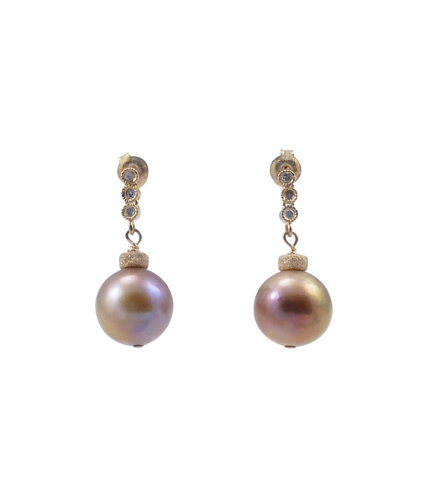 Dangling bronze pearl earrings featuring beautiful bronze pearls.  Contemporary custom pearl jewelry