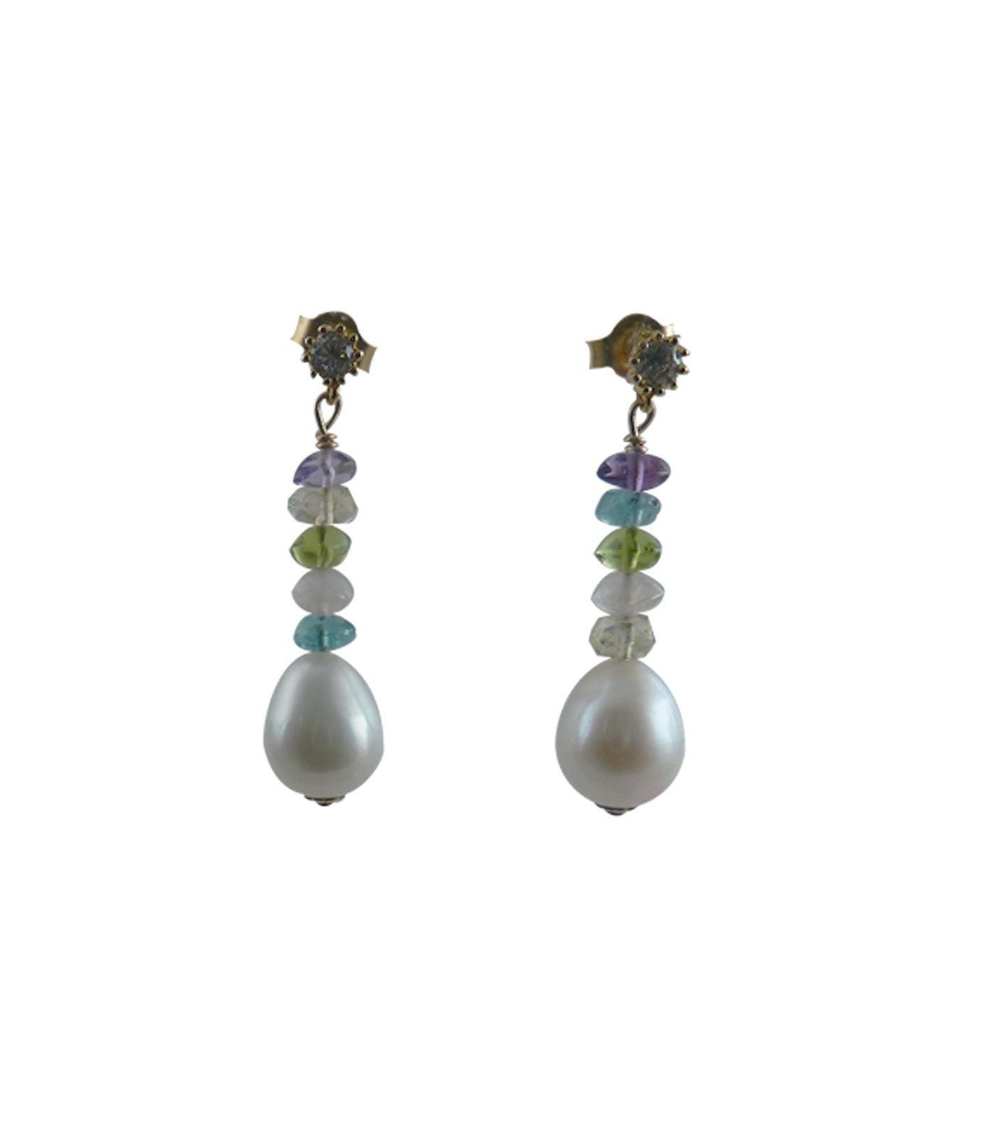 Dangling white pearl earrings featuring freshwater pearls.  Contemporary pearl jewelry where we pair real white pearls with colored gemstones