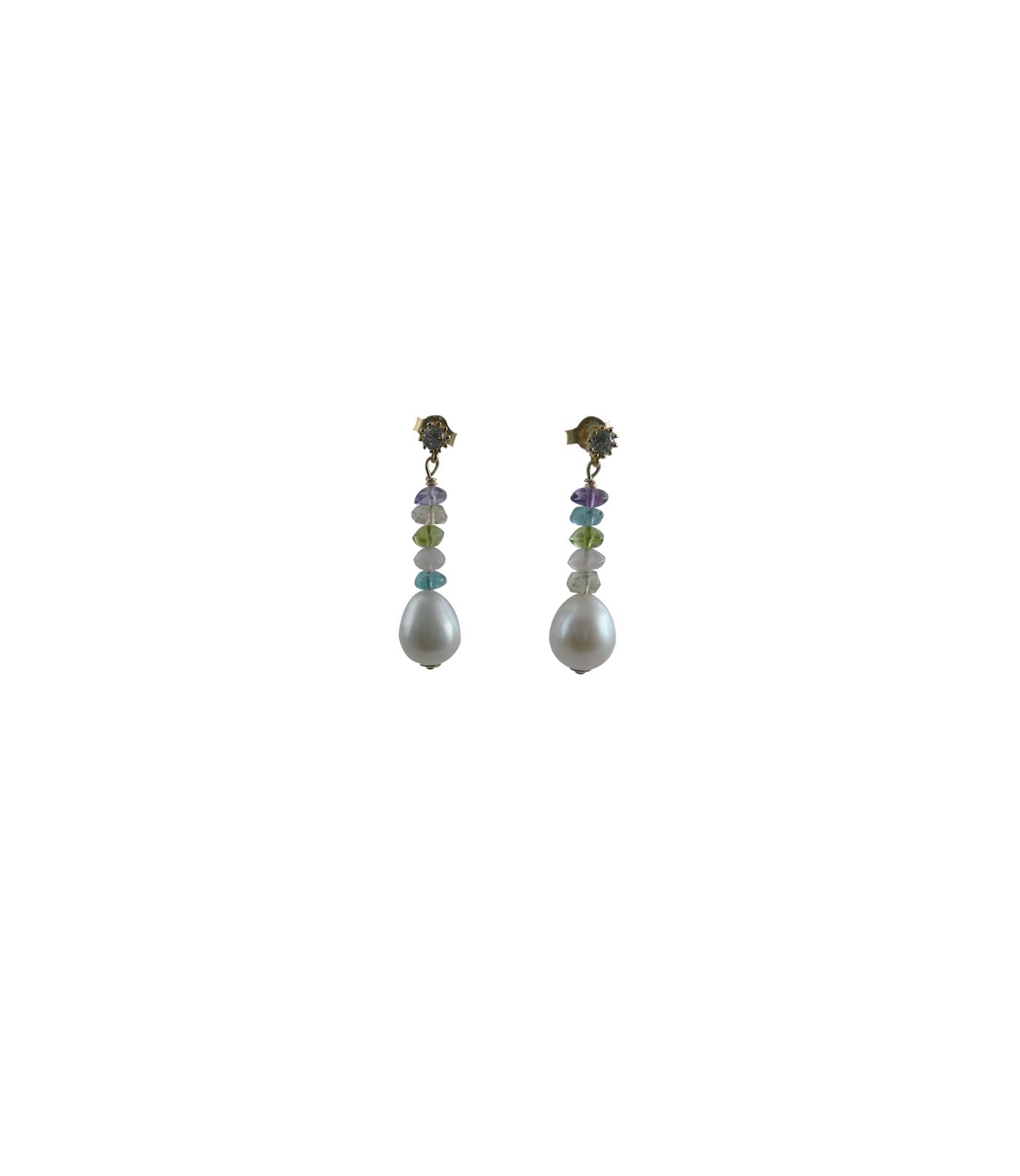 Dangling white pearl earrings featuring real freshwater pearls.  Contemporary pearl jewelry where we pair real white pearls with colored gemstones.  Modern pearl earrings are great birthday gift.