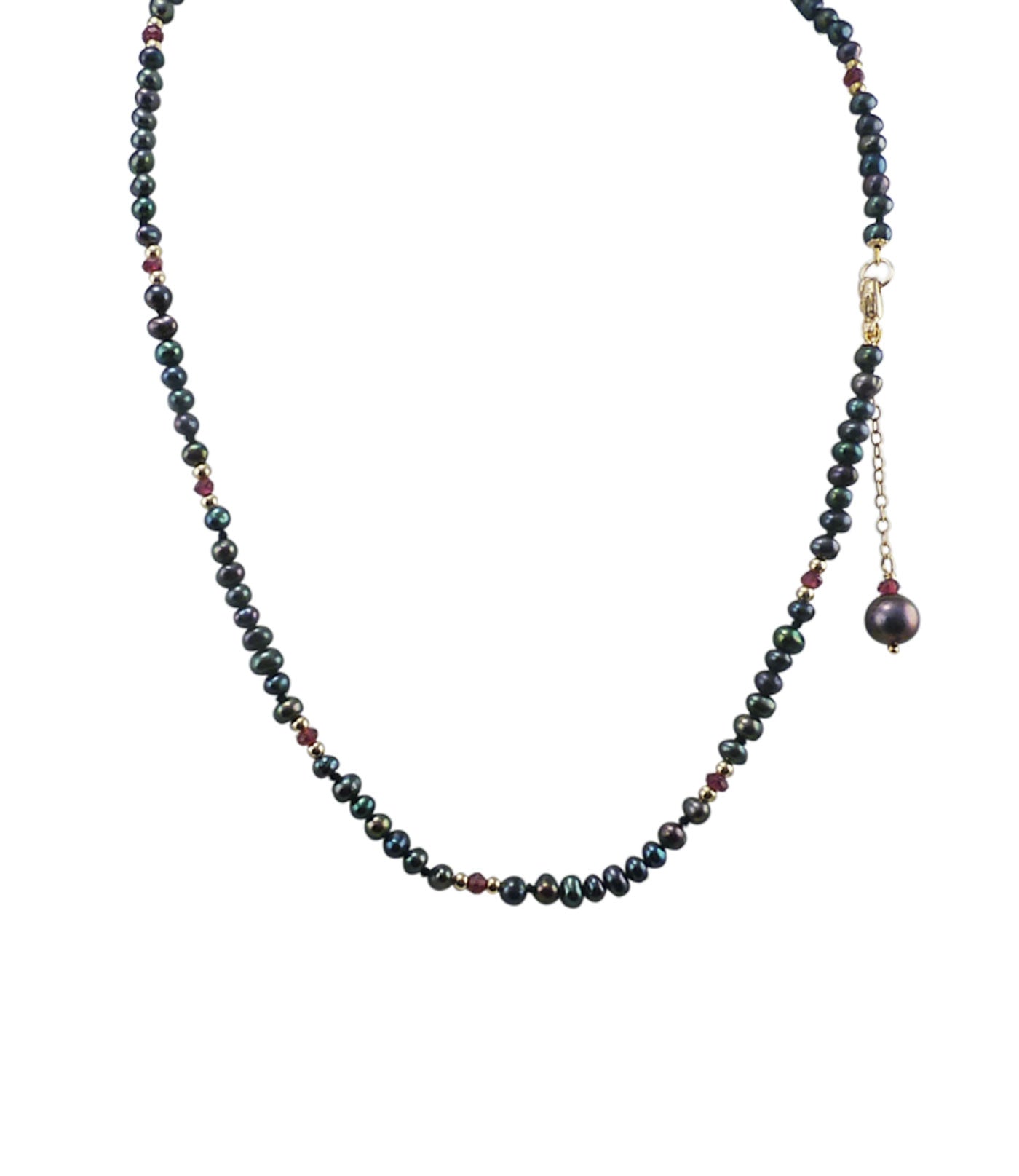 Delicate black pearl necklace with garnet.  Freshwater black pearl jewelry may be given as a memorable  birthday gift for her.  