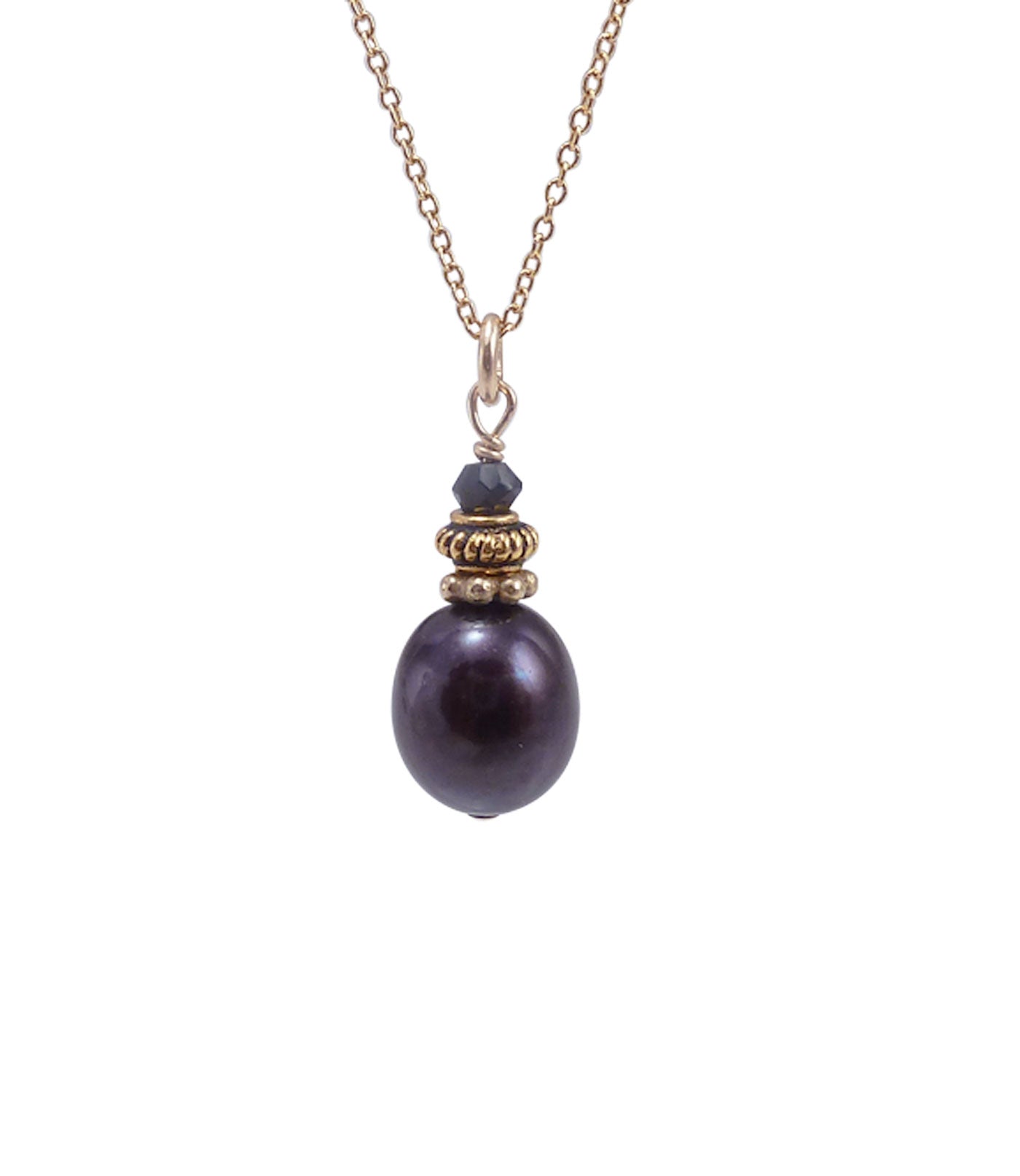 Delicate black pearl pendant necklace on a golden chain looks great.  Custom black pearl jewelry for everyday wear.