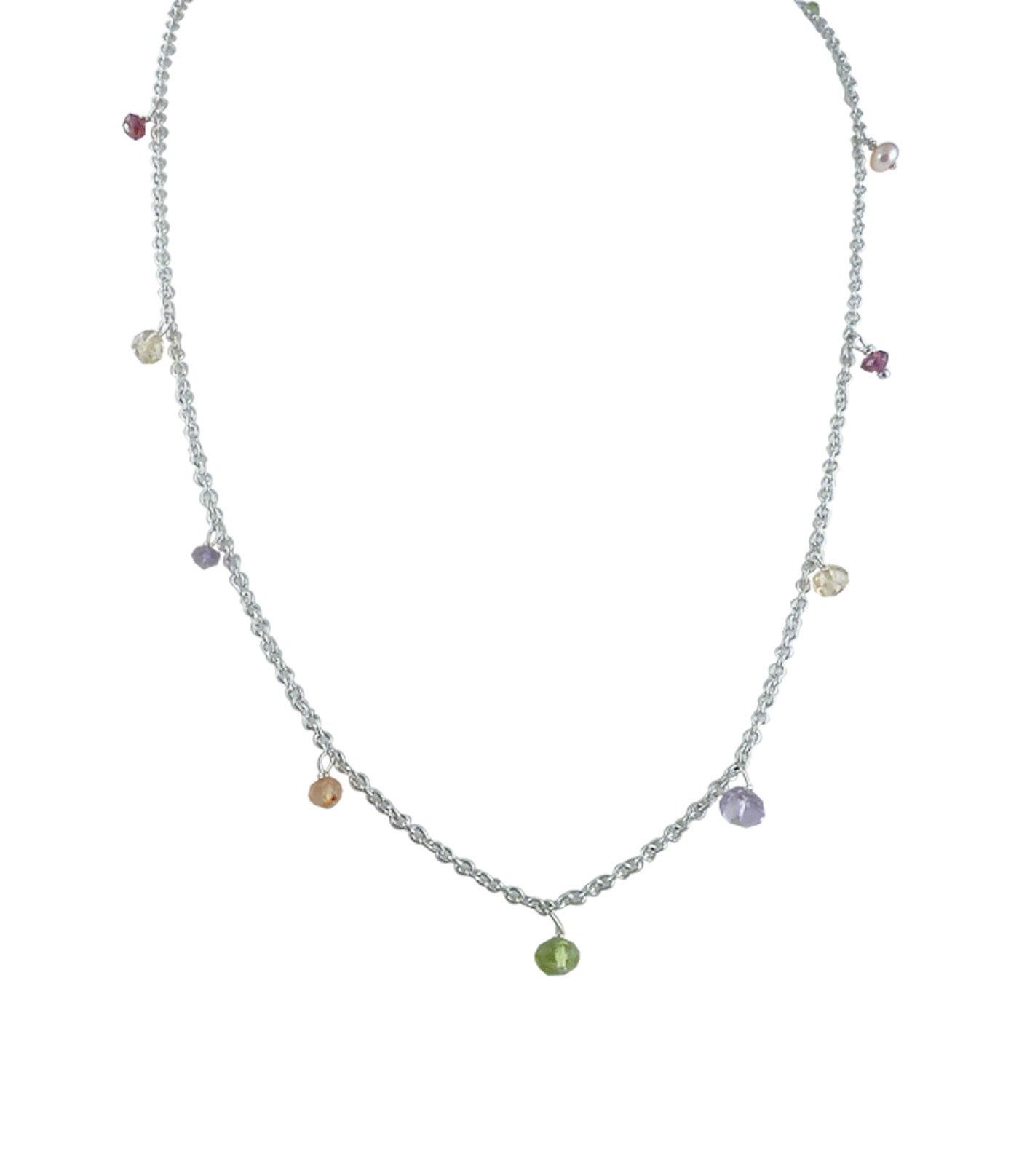 Delicate fringe pearl necklace featuring a freshwater pink pearl and colored gems.  Custom pearl jewelry