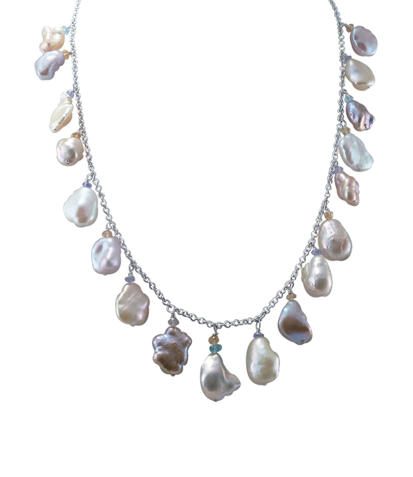 Delicate fringe pearl necklace with gemstones.  Custom pearl jewelry features beautiful highly lustrous keshi pearls and natural  colored gemstones
