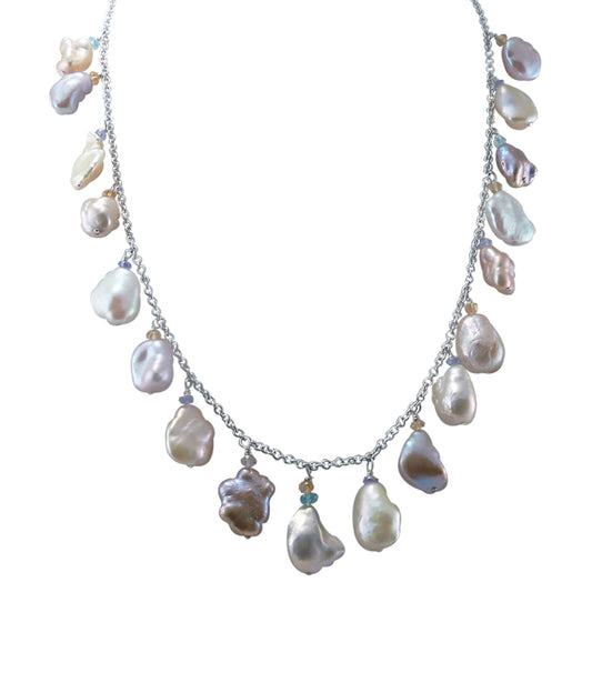 Delicate fringe pearl necklace with gemstones.  Custom pearl jewelry features beautiful highly lustrous keshi pearls and natural  colored gemstones