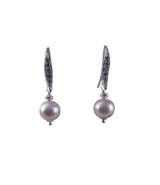 Modern dangling pearl earrings.  Silvery-lavender freshwater pearls in Sterling silver setting