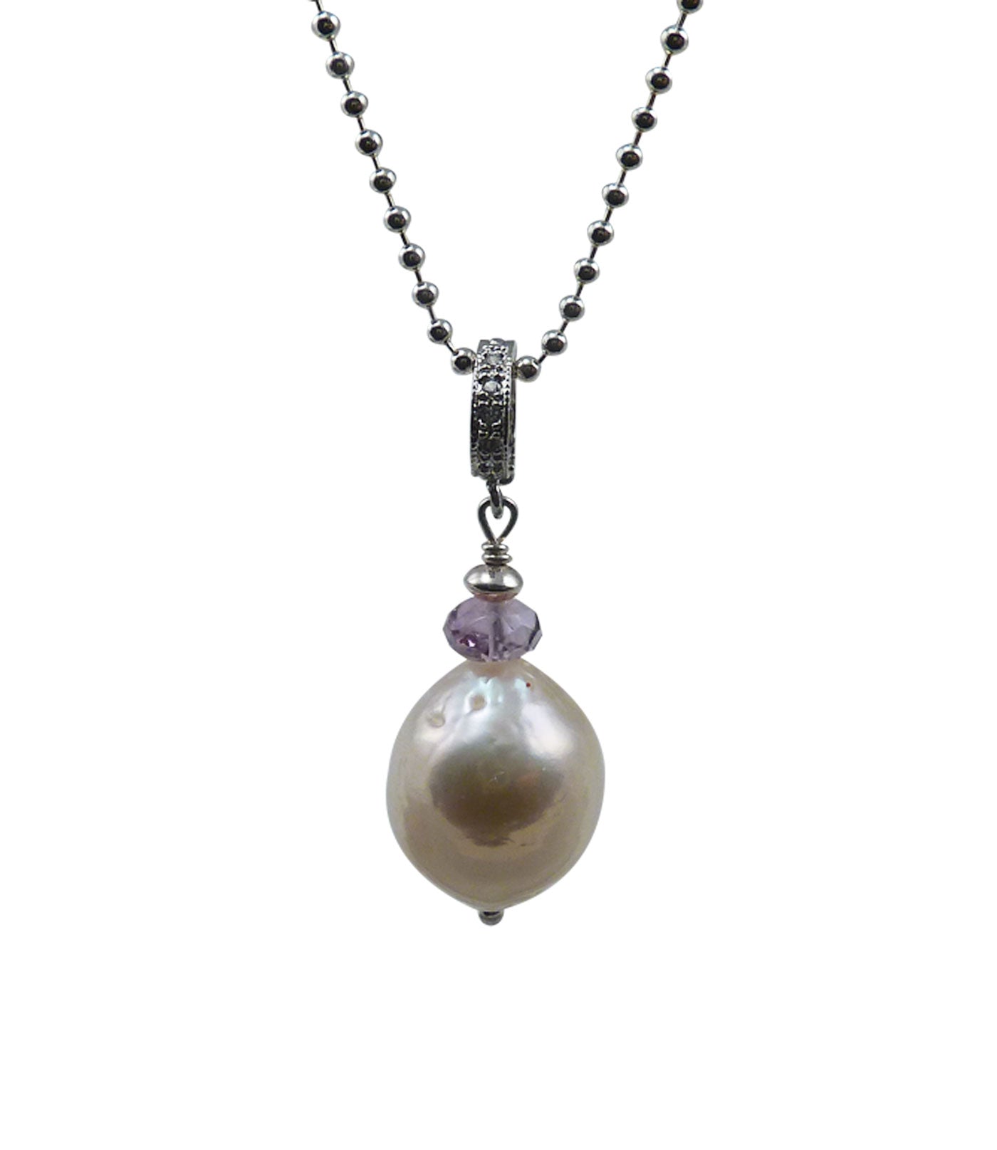 Detachable pink charm pearl pendant.  Beautiful freshwater baroque pearl paired with amethyst