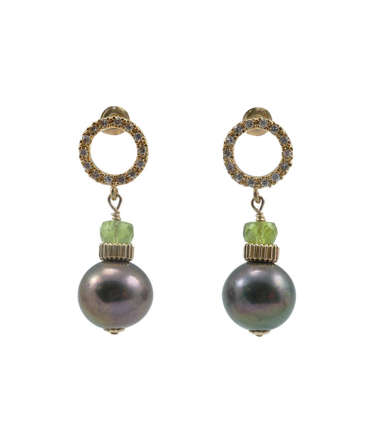 Elegant black pearl earrings with peridot featuring 'black" freshwater pearls.  Contgemporary custom pearl jewelry
