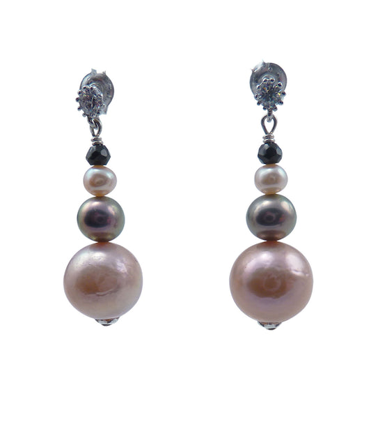 Contemporary dangling pearl earrings featuring freshwater pearls of various colors.  This modern pearl jewelry will finish any look