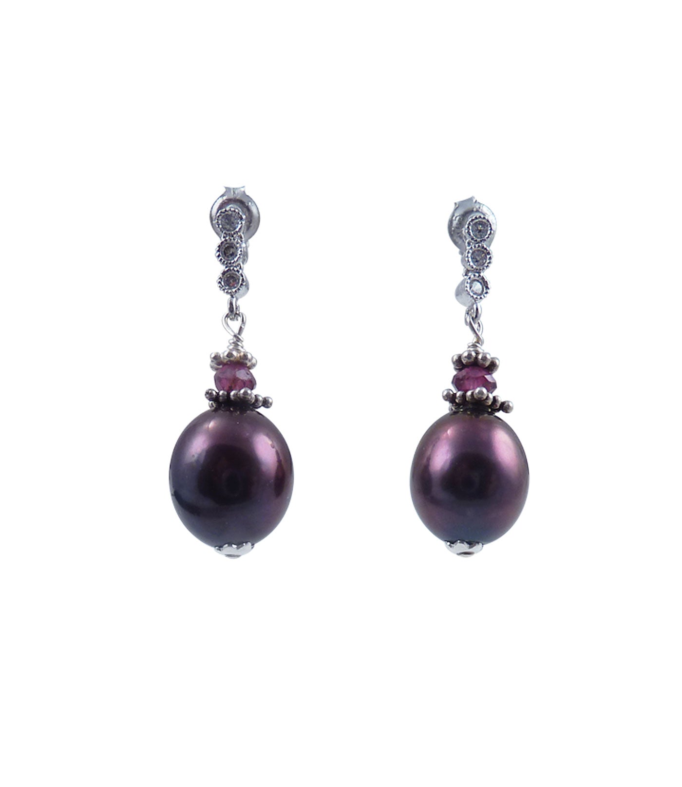 Elegant dangling black pearl earrings featuring gorgeous freshwater black pearls paired with natural wine-rd garnet