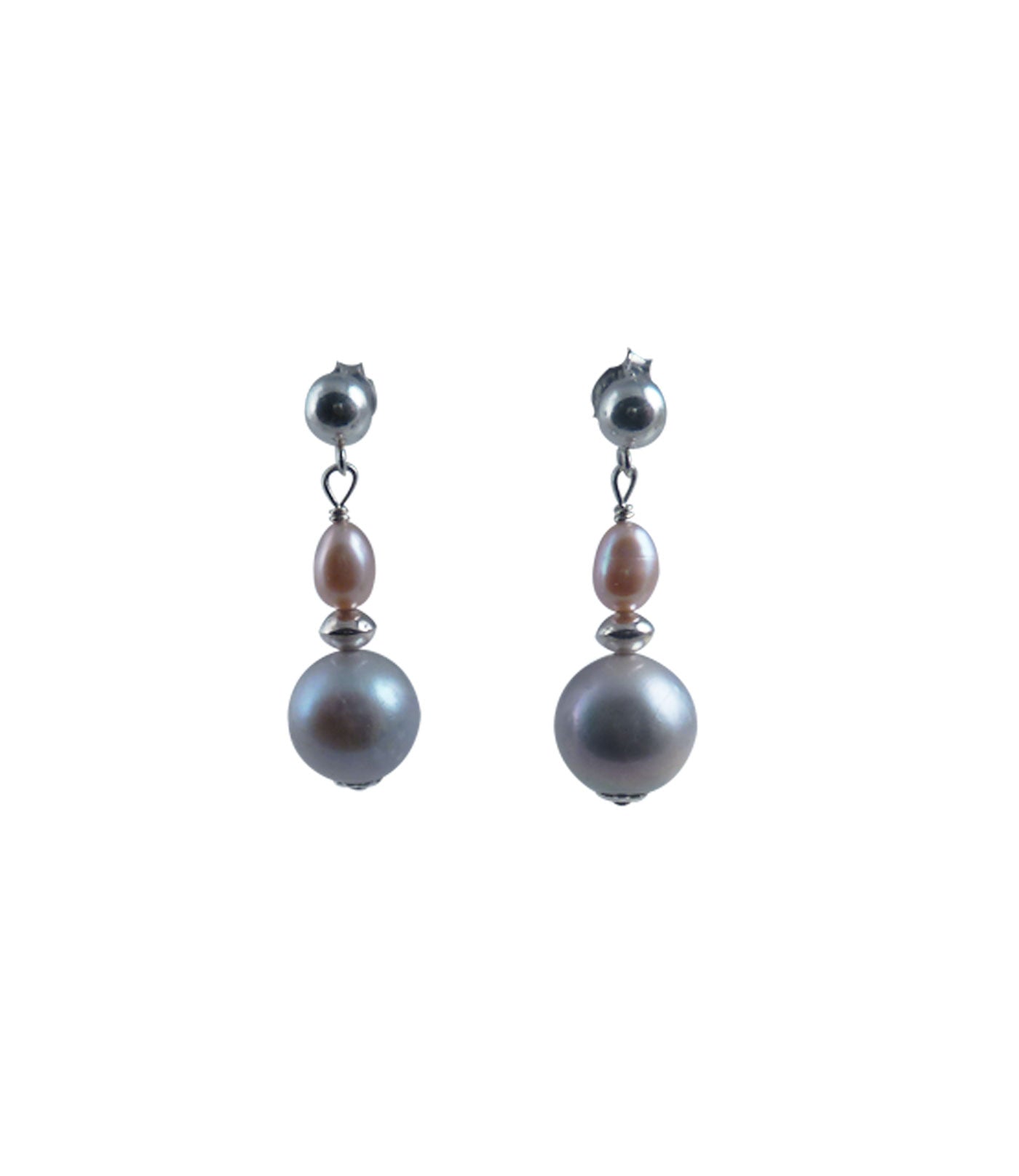 Elegant grey and pink pearl earrings featuring freshwater pearls of different colors and shapes