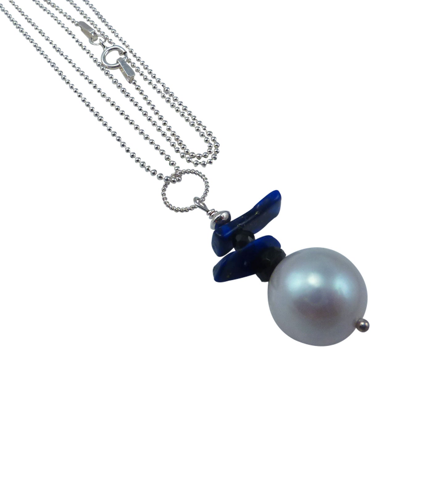 Elegant lapis lazuli and pearl pendant necklace on a fancy Sterling silver chain