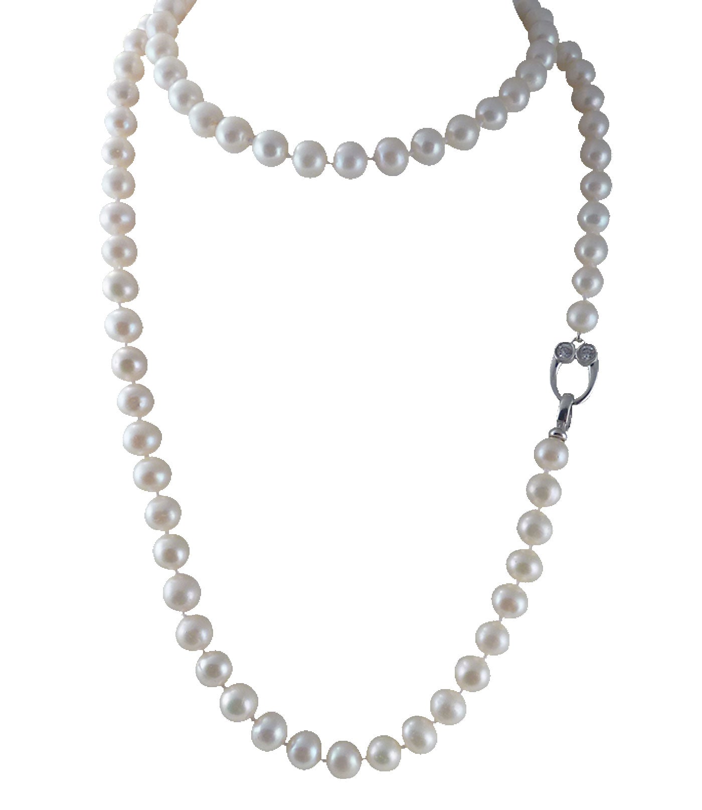 Elegant long white pearl necklace to be worn on any occasion.  Custom pearl jewelry