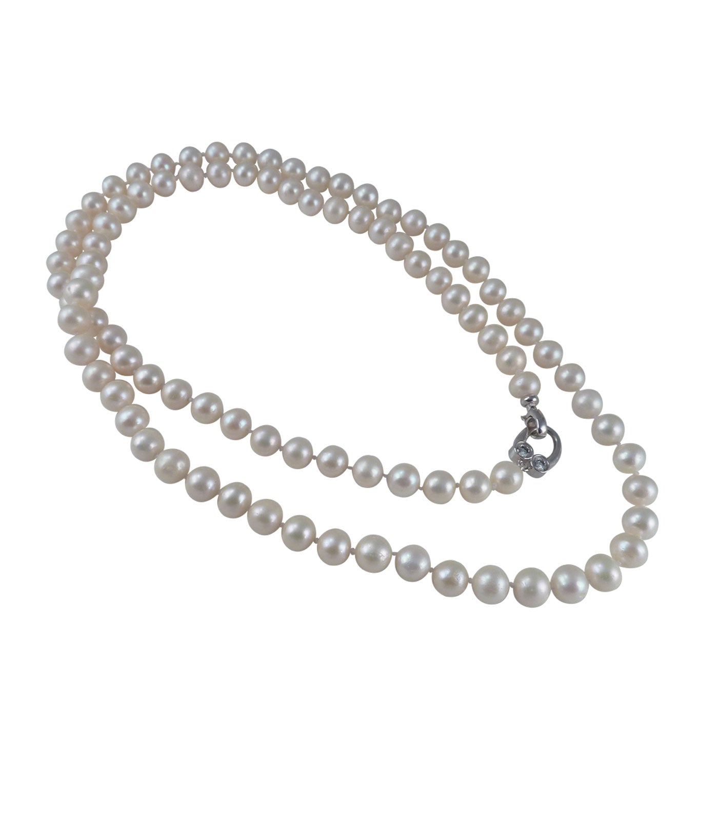 Elegant long white pearl necklace is a perfect accessory.  Contemporary white pearl jewelry