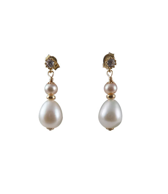 Everyday white-pink pearl earrings featuring drop-shaped white pearls and round pink pearls