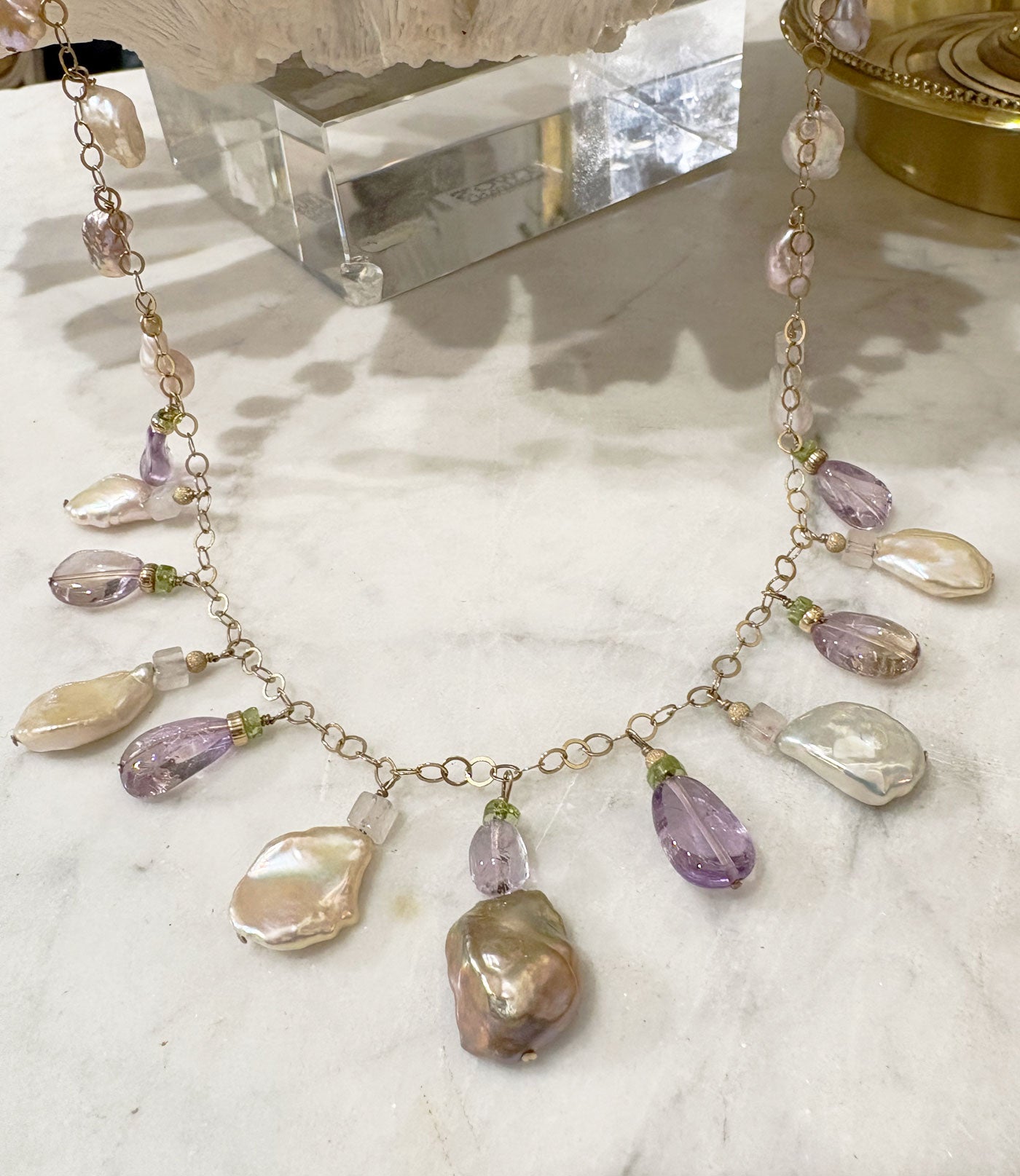 Exquisite fringe pearl necklace with gemstones featuring highly lustrous freshwater keshi pearls. Unique contemporary pearl jewelry.  Real pearl  necklace.  