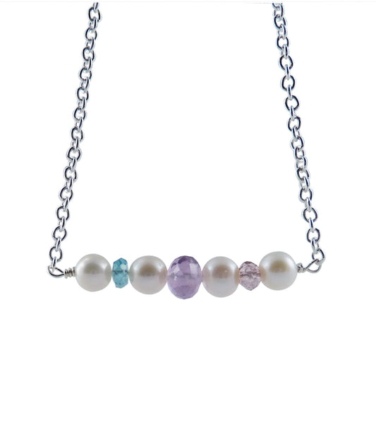 Fancy chain pearl necklace featuring freshwater white pearls paired with colored gems.  Minimalist pearl jewelry.  Contemporary custom pearl jewelry