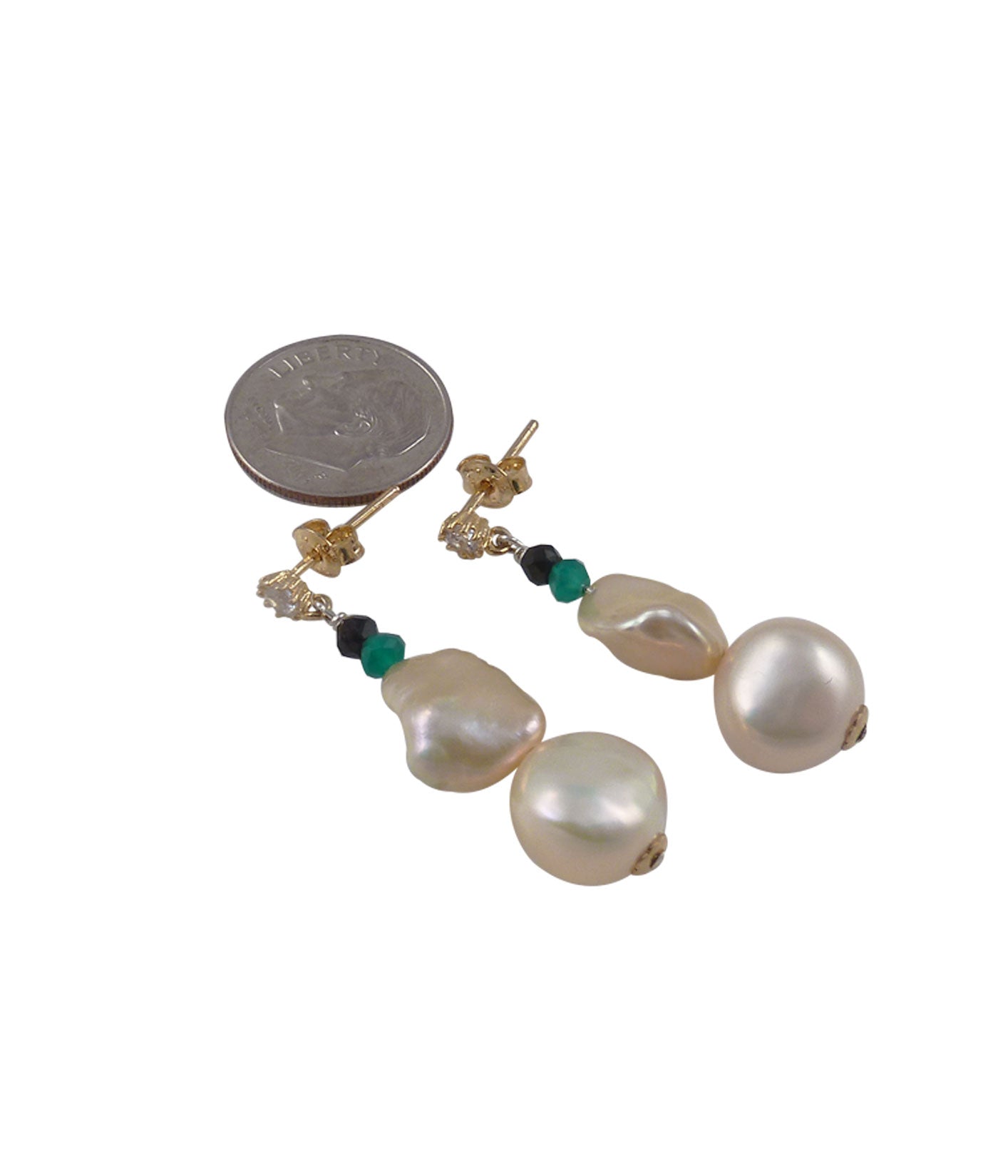 Fancy pearl earrings with colored gems.  Unique pearl jewelry for fashion-forward women.  Dangling pearl earrings