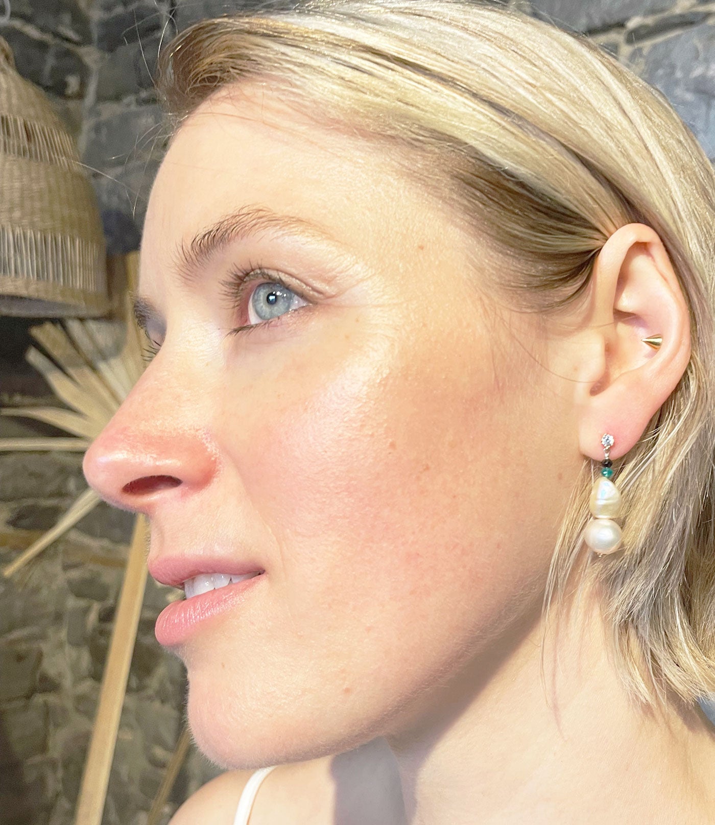 Fancy pearl earrings with colored gems will finish your look.  Unique contemporary pearl jewelry